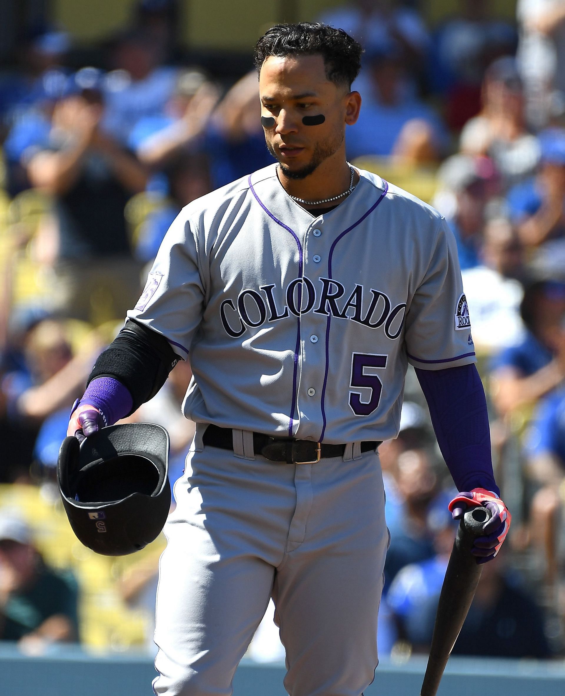Carlos Gonzalez #5 of the Colorado Rockies after he struck out in the second inning of the game against the Los Angeles Dodgers at Dodger Stadium on October 1, 2018 in Los Angeles, California. (Photo by Jayne Kamin-Oncea/Getty Images)